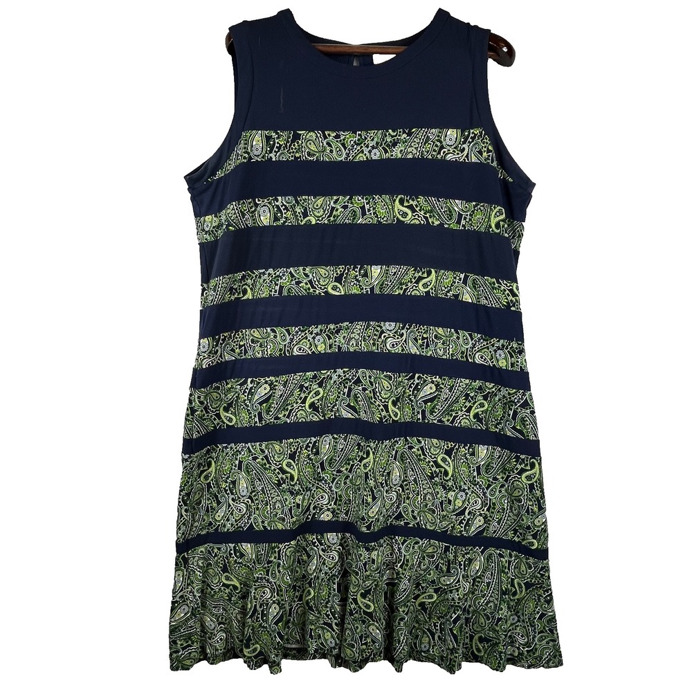 Michael Kors Womens 2X Paisley Dress Navy Green Stretch Plus Size Flounce Hem